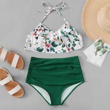 Romwe Ruched Random Floral Flounce Bikini Set