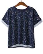 Romwe Floral Loose Navy T-shirt