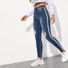 Romwe Tuxedo Stripe Side Ripped Jeggings