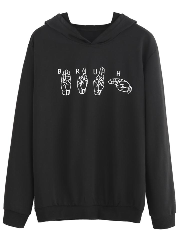Romwe Black Cartoon Print Hooded Sweatshirt