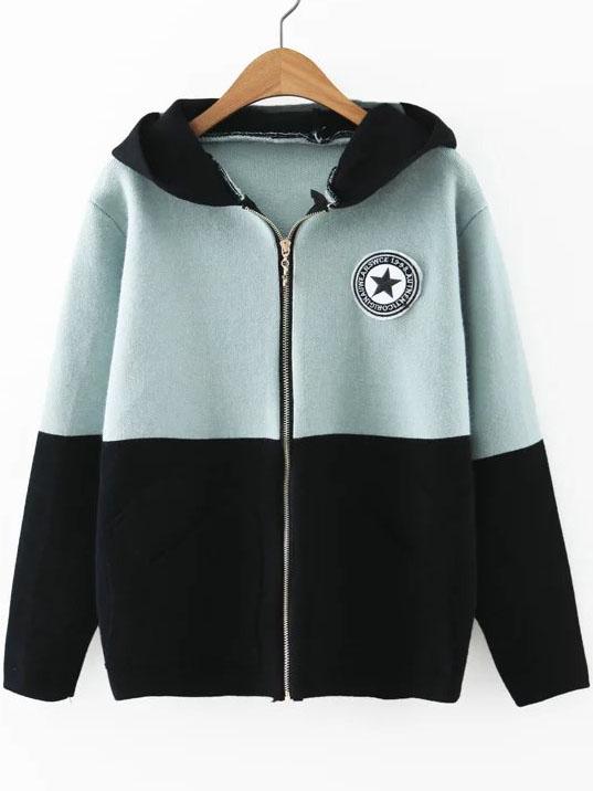 Romwe Blue Color Block Hooded Sweater Coat With Badge