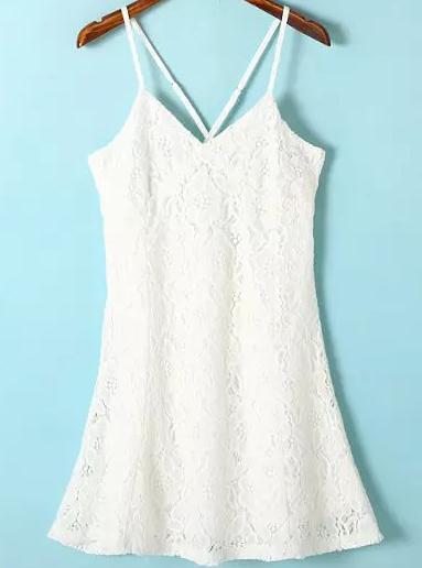 Romwe Spaghetti Strap Backless Lace White Dress