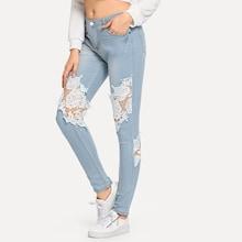 Romwe Contrast Lace Cut Out Jeans