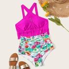Romwe Neon Pink Fringe Top With Random Floral Bikini Set
