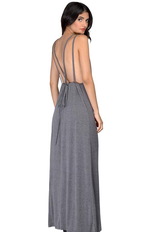 Romwe Strap Backless Maxi Grey Dress
