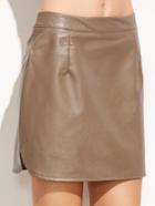 Romwe Khaki Slit Side Curved Hem Pu Leather Skirt
