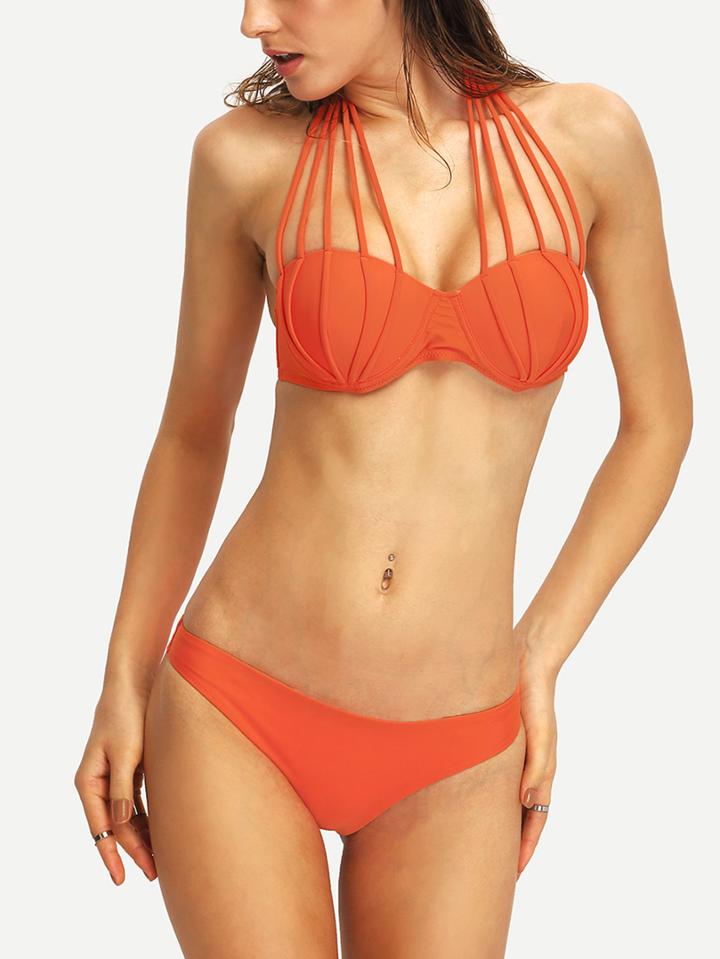 Romwe Strappy Halter Bikini Set - Orange