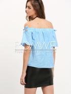 Romwe Blue White Striped Off The Shoulder Tie Blouse