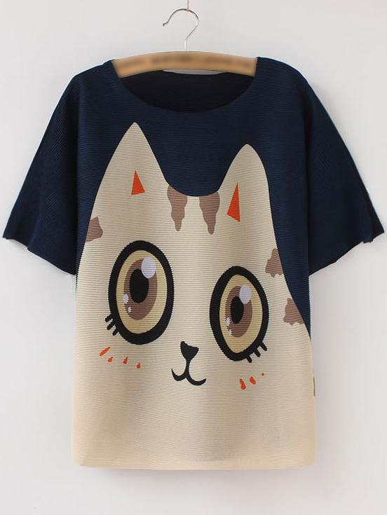 Romwe Multicolor Short Sleeve Cartoon Print Pleated T-shirt