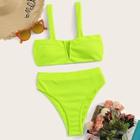 Romwe Neon Lime Ribbed High Waist Bikini Set