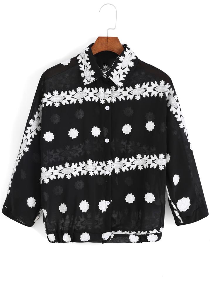 Romwe Lapel Embroidered Chiffon Black Blouse