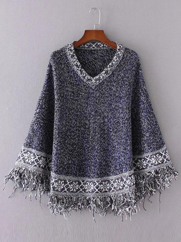 Romwe Blue V Neck Fringe Detail Jacquard Sweater