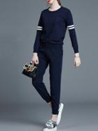 Romwe Navy Jacquard Top With Pockets Pants