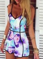 Romwe Spaghetti Strap Purple Floral Contrast Trims Jumpsuit