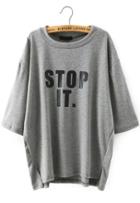 Romwe Dip Hem Letter Print Grey T-shirt