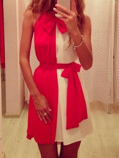 Romwe Color Block Sleeveless Lace Up Chiffon Dress