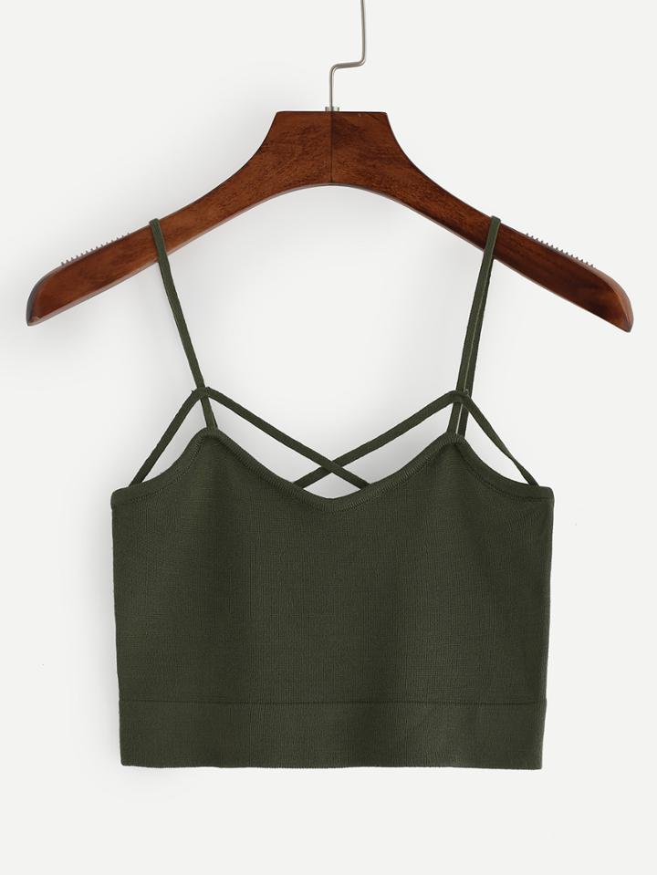 Romwe Strappy Crop Knitted Cami Top - Olive Green