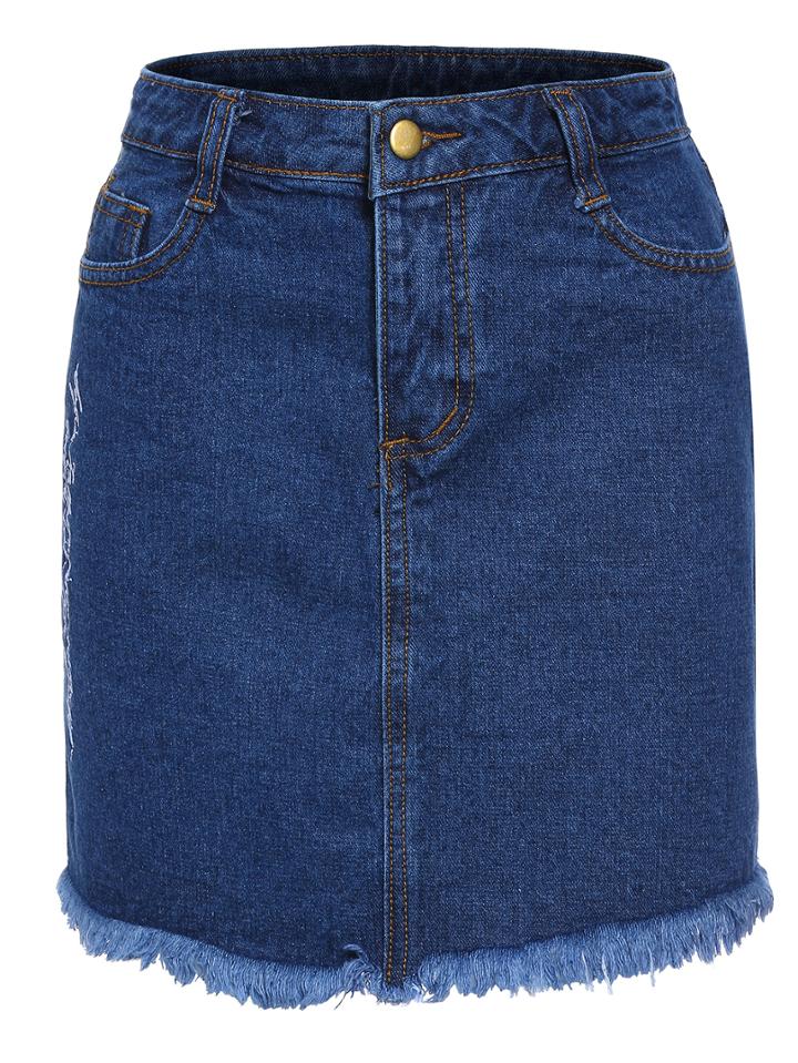 Romwe Frayed Letters Embroidered Denim Skirt