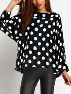 Romwe Black Polka Dot Print Cuffed Sleeve Oversized Top