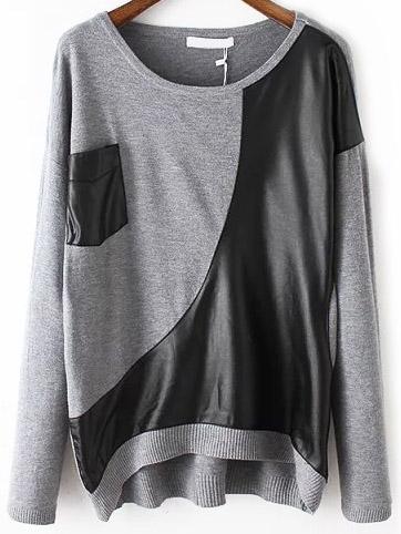 Romwe Contrast Pu Pocket Grey Sweater