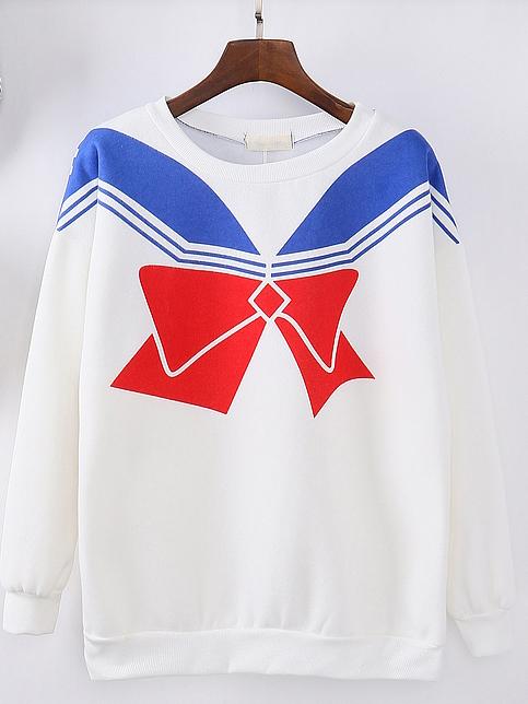 Romwe Round Neck Bow Print Blue Sweatshirt