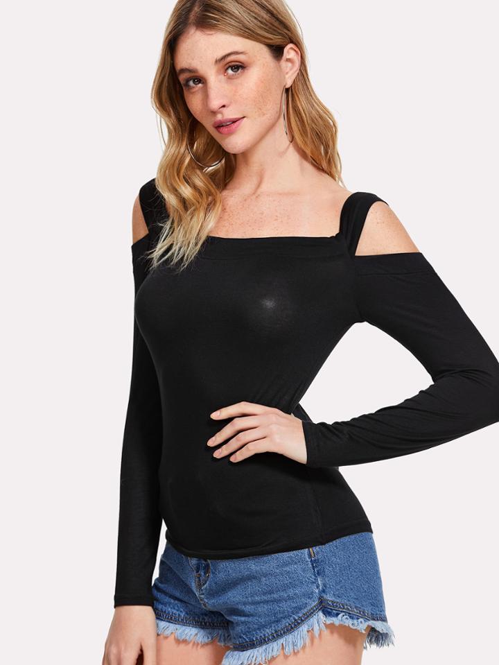 Romwe Thick Strap Cold Shoulder Top