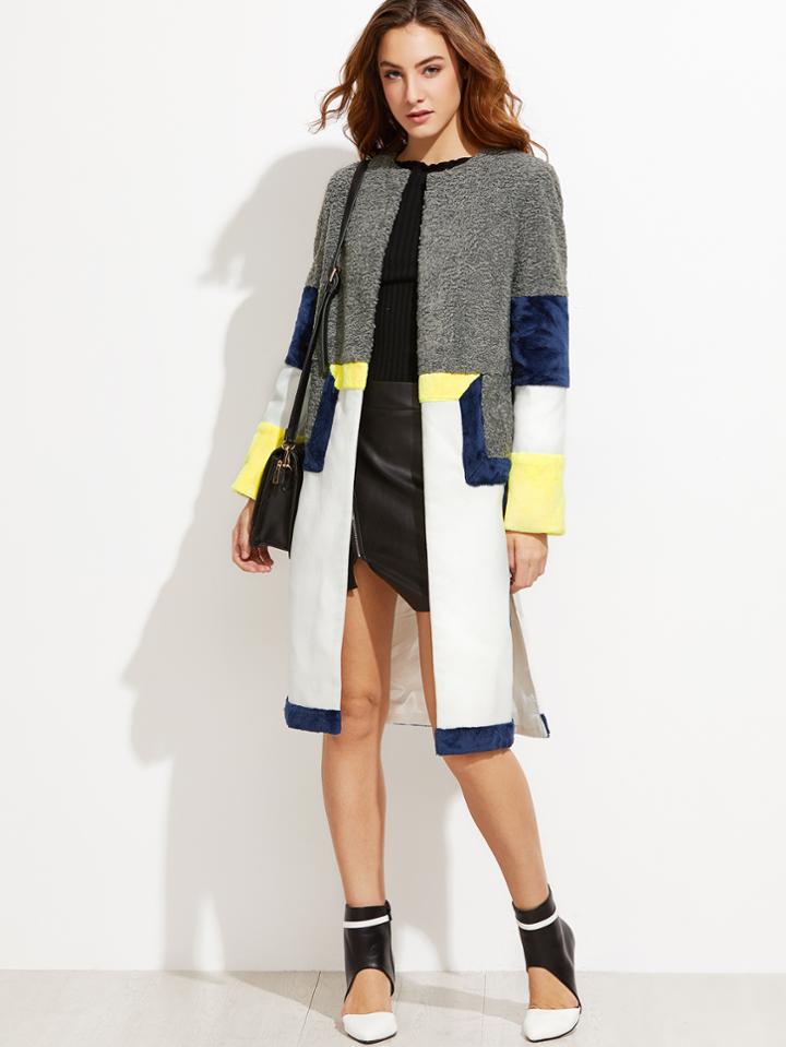 Romwe Color Block Mixed Media Side Slit Coat