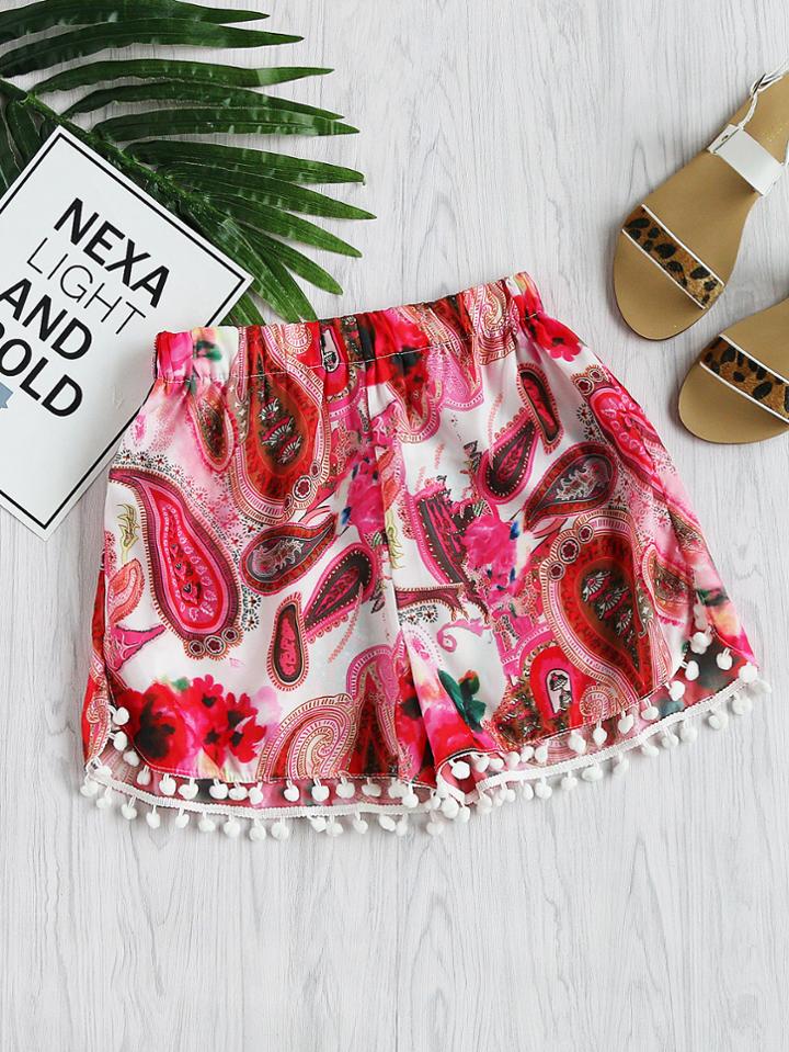 Romwe Allover Printed Pom Pom Hem Shorts