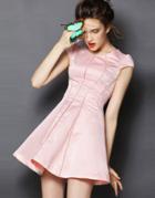 Romwe Pink Short Sleeve Lace Ruffle Flare Dress