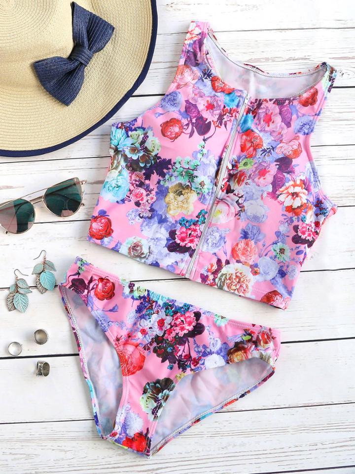 Romwe Floral Print Zipper Up Tankini Set