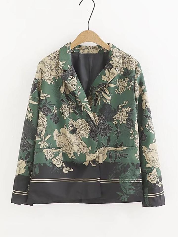 Romwe Striped Hem Floral Blazer