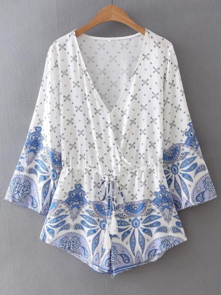 Romwe Paisley Print Drawstring Waist Playsuit With Fringe