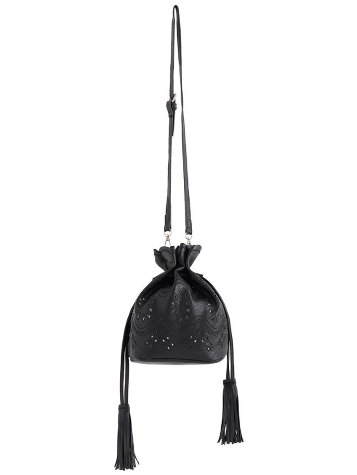 Romwe Black Embroidered Hollow Pu Bag