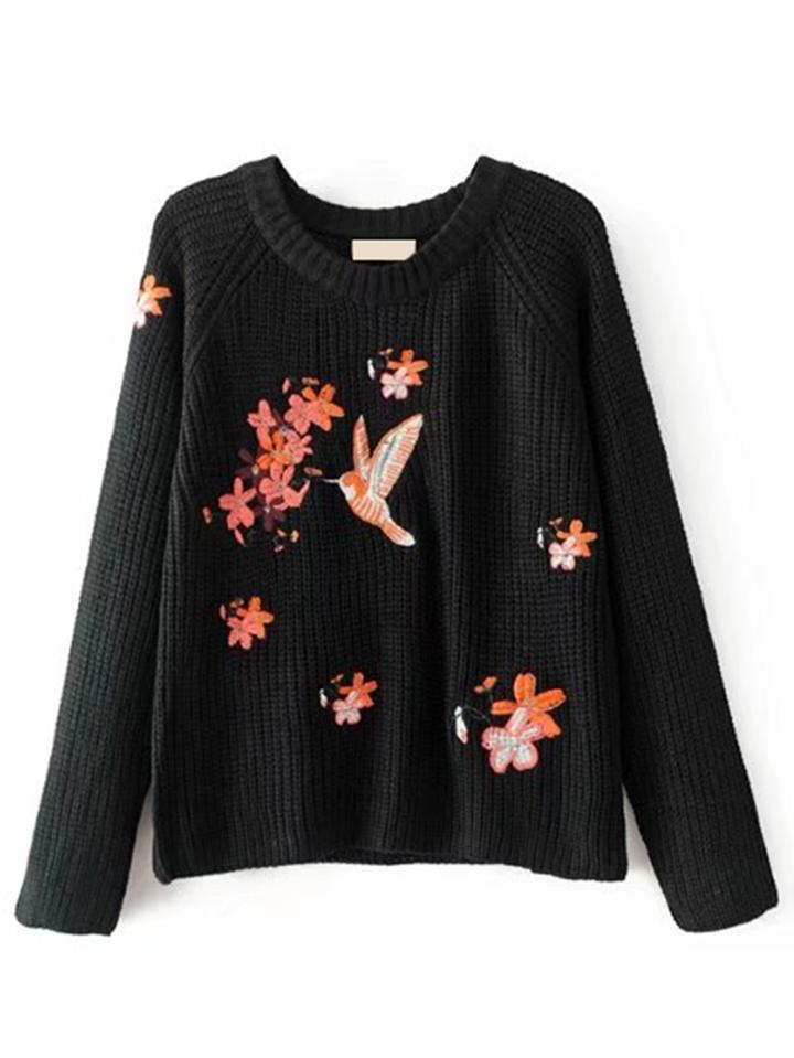 Romwe Embroidered Bird Raglan Sleeve Jumper