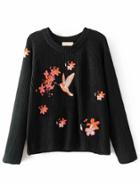 Romwe Embroidered Bird Raglan Sleeve Jumper