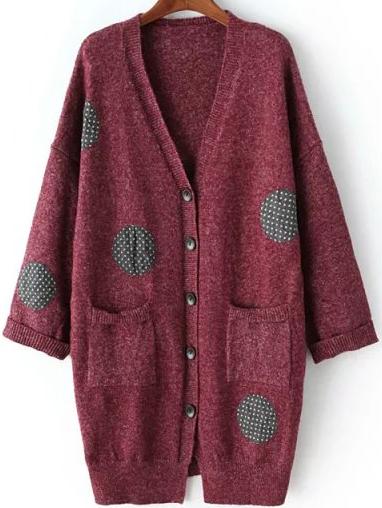 Romwe Polka Dot Patch Burgundy Coat With Buttons