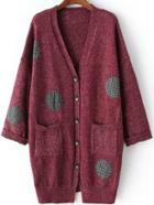 Romwe Polka Dot Patch Burgundy Coat With Buttons