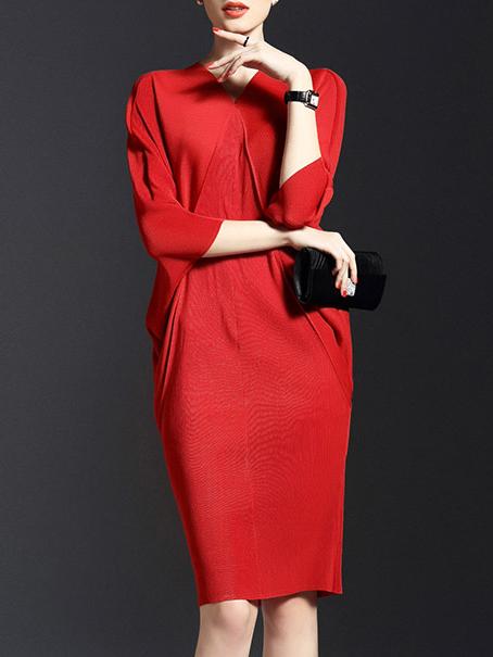 Romwe Red V Neck Backless Batwing Sleeve Knit Dress