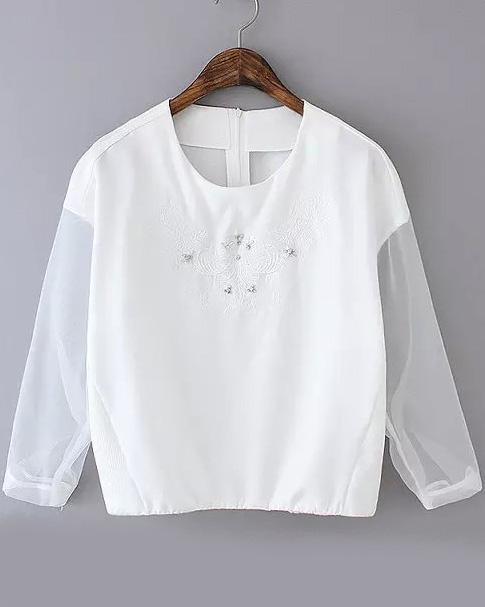 Romwe With Diamond Embroidered Zipper Blouse
