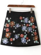 Romwe Black Floral Embroidery A Line Skirt