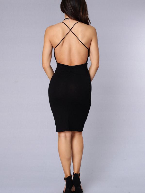 Romwe Black Criss Cross Backless Bodycon Dress