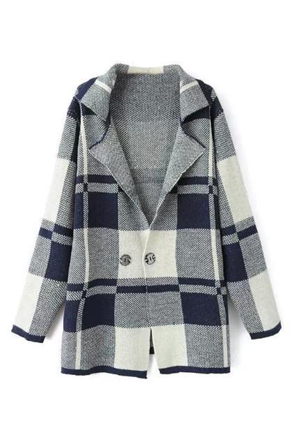 Romwe Knitted Navy-blue Check Coat