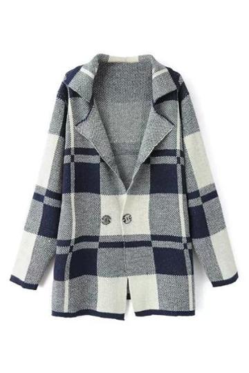 Romwe Knitted Navy-blue Check Coat