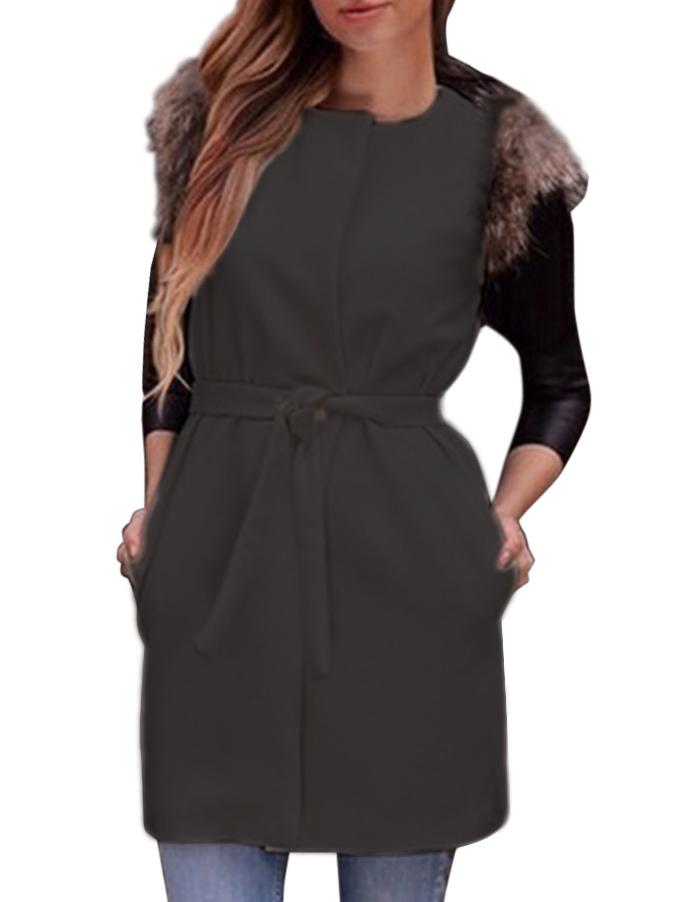 Romwe Round Neck Belt Pockets Black Vest