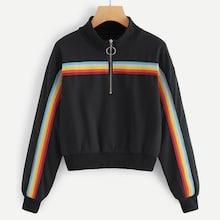 Romwe Striped Zip Neck Sweatshirt