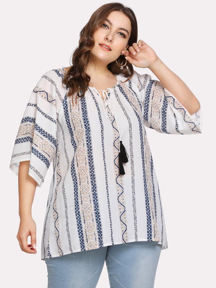 Romwe Tassel Tie Raglan Sleeve Top