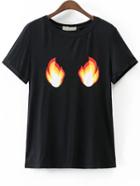 Romwe Black Fire Print Short Sleeve T-shirt