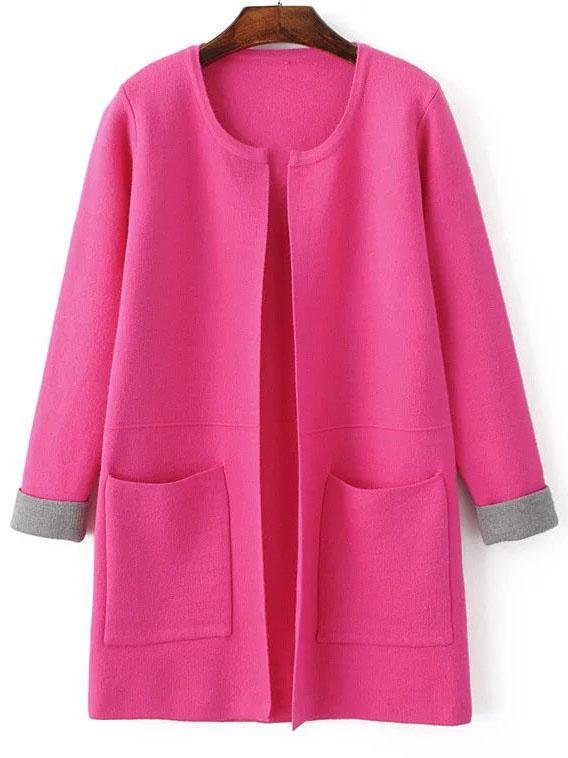 Romwe Hot Pink Contrast Cuff Pocket Long Cardigan