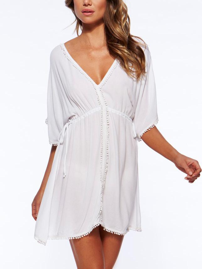 Romwe White V Neck Pom Pom Trim Drawstring Dress