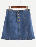 Romwe Buttoned Fly A-line Denim Skirt - Blue